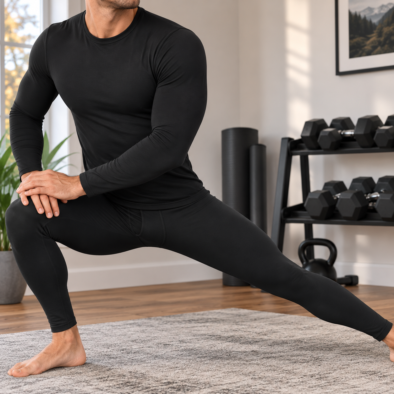 Black thermal underwear set close on-body stretch view