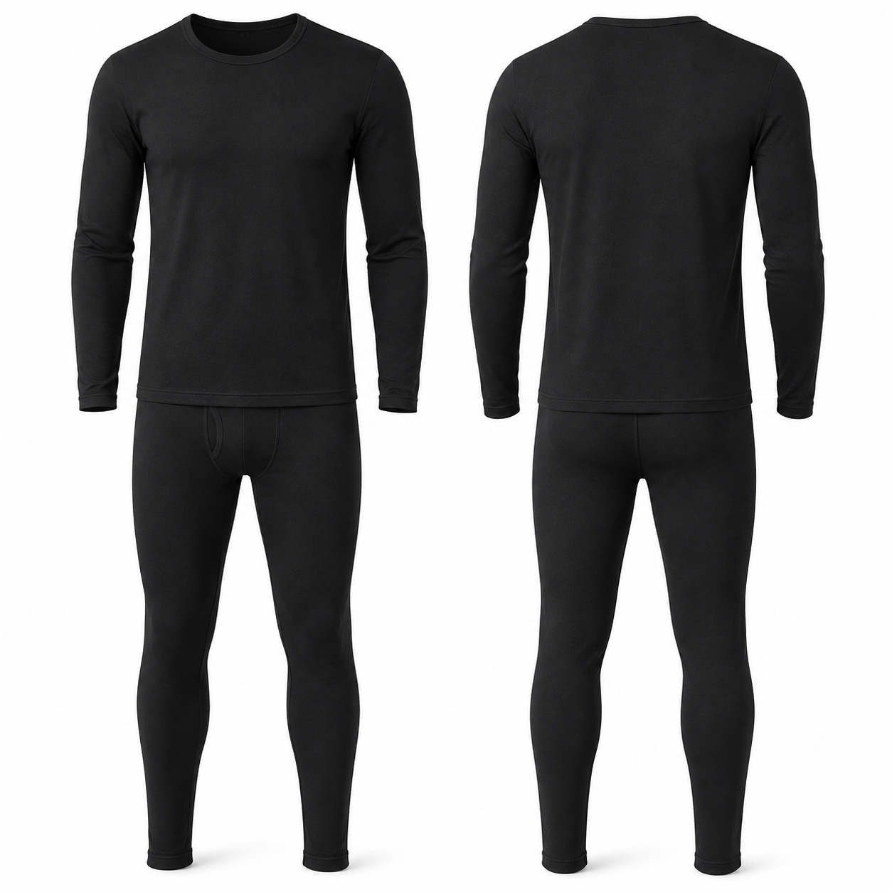 Black fleece-lined thermal underwear set front and back