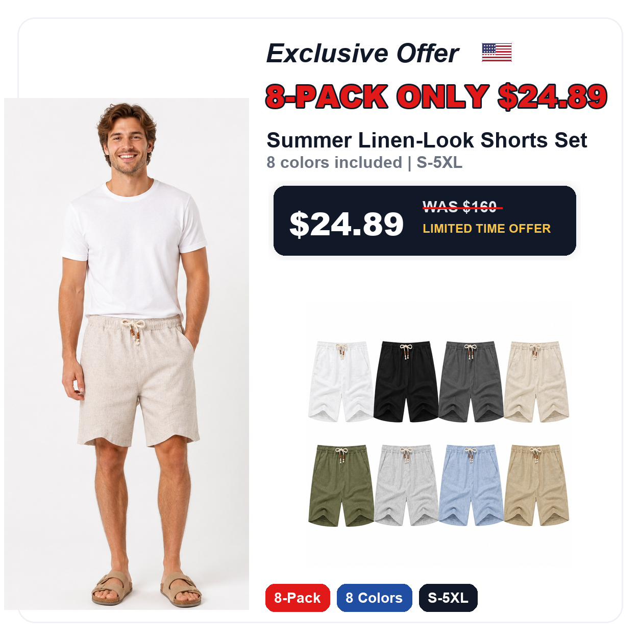 Men's Summer Linen-Look Drawstring Shorts 8-Pack limited time offer cover