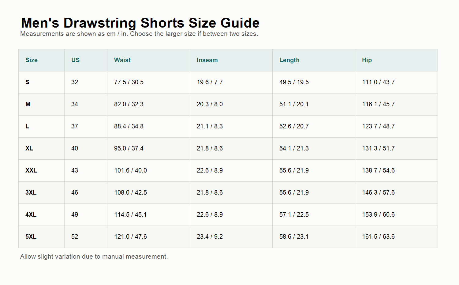 Men's Summer Linen-Look Drawstring Shorts 8-Pack size guide, S to 5XL, inches and centimeters