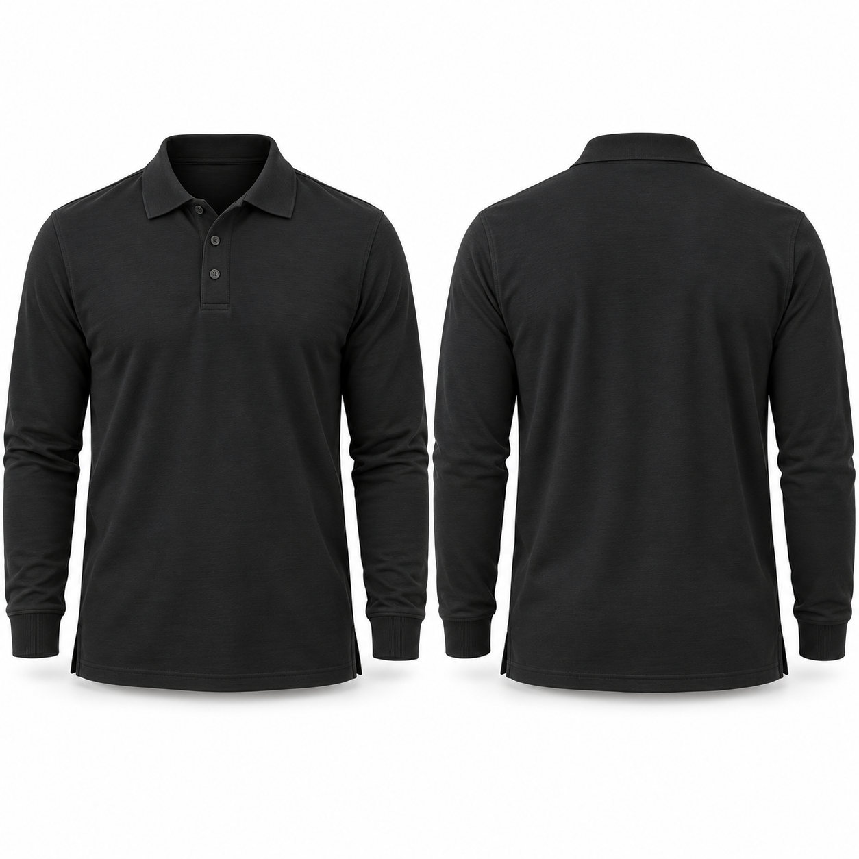 Black long-sleeve polo complete front and back views
