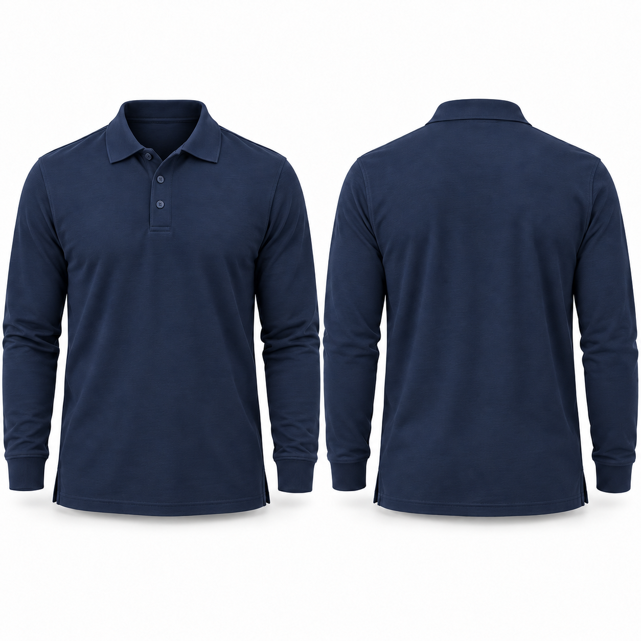 Navy long-sleeve polo complete front and back views