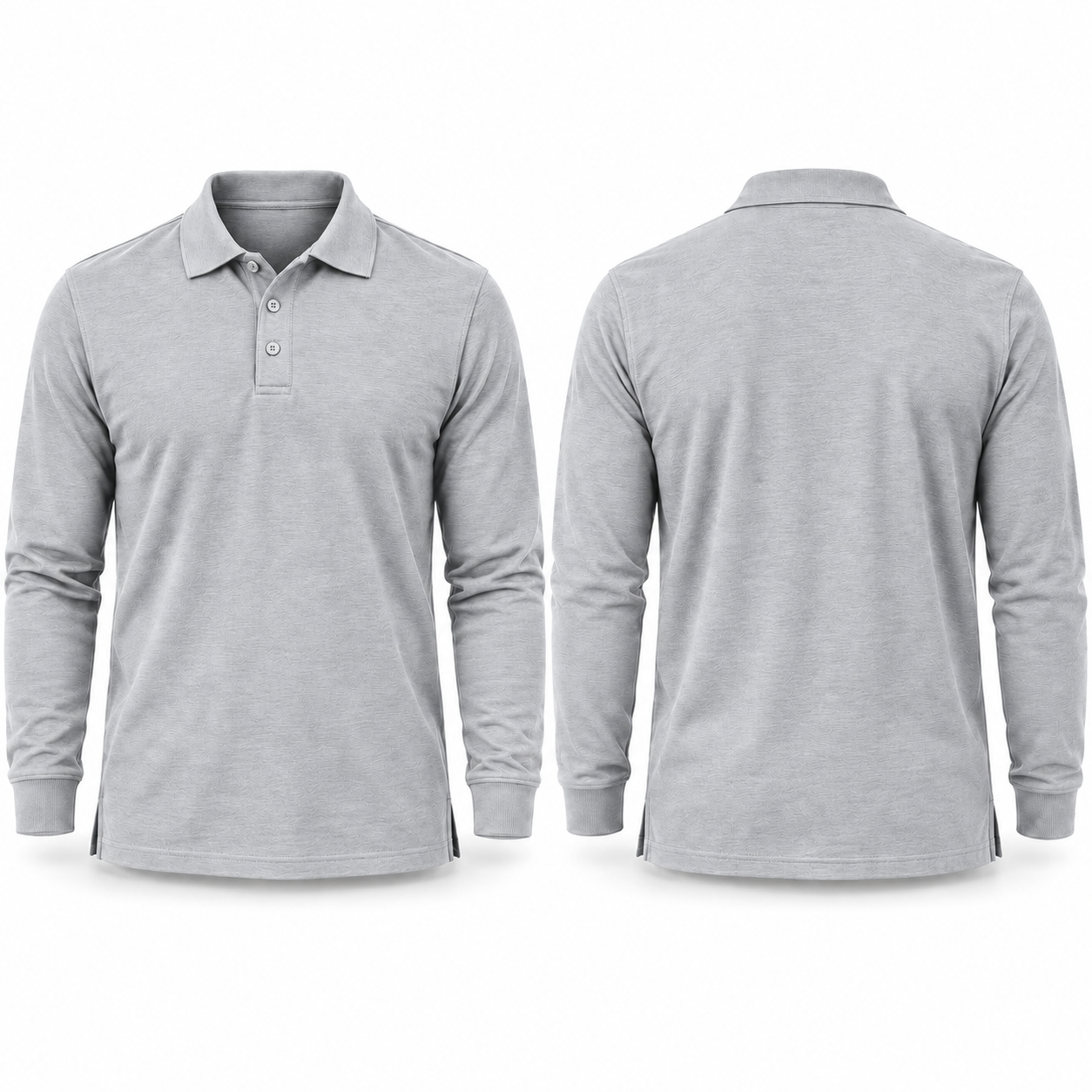 Light grey long-sleeve polo complete front and back views