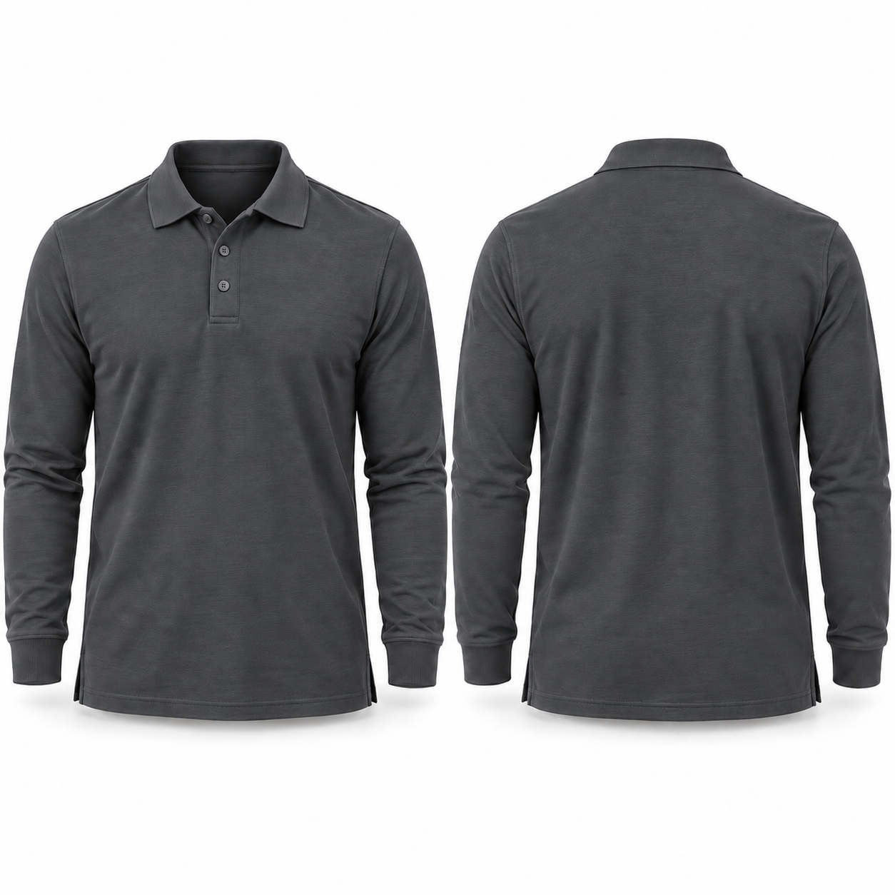 Deep grey long-sleeve polo complete front and back views