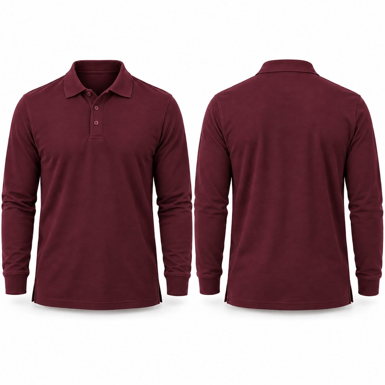 Burgundy long-sleeve polo complete front and back views