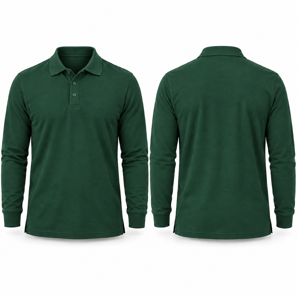 Dark green long-sleeve polo complete front and back views