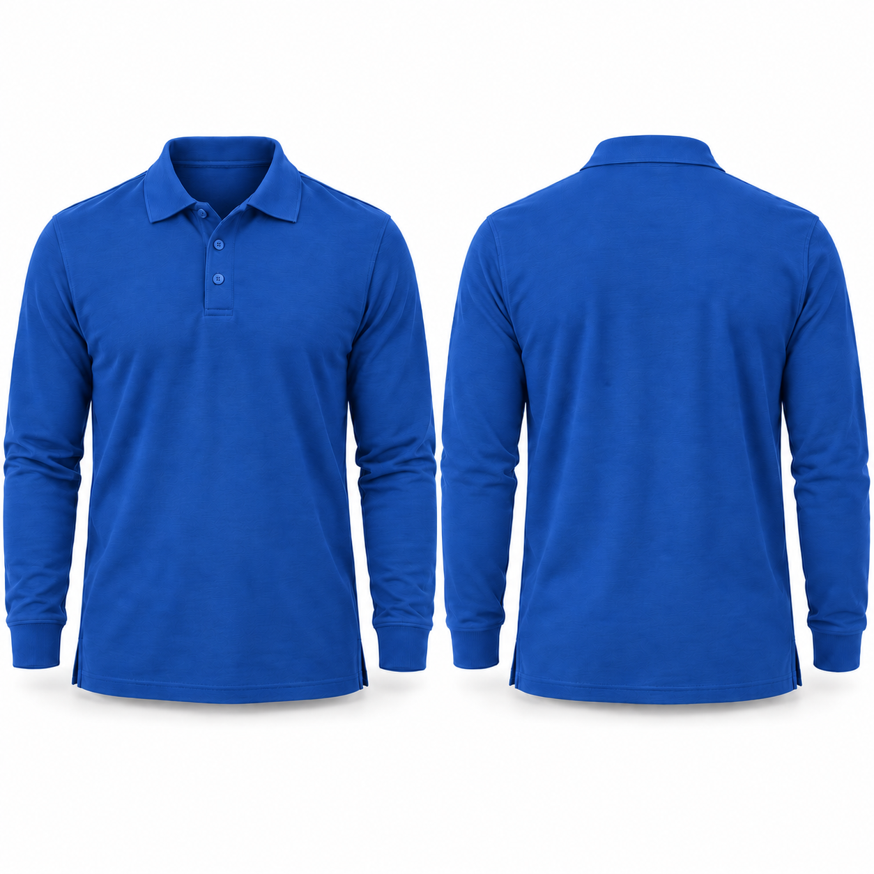 Royal blue long-sleeve polo complete front and back views