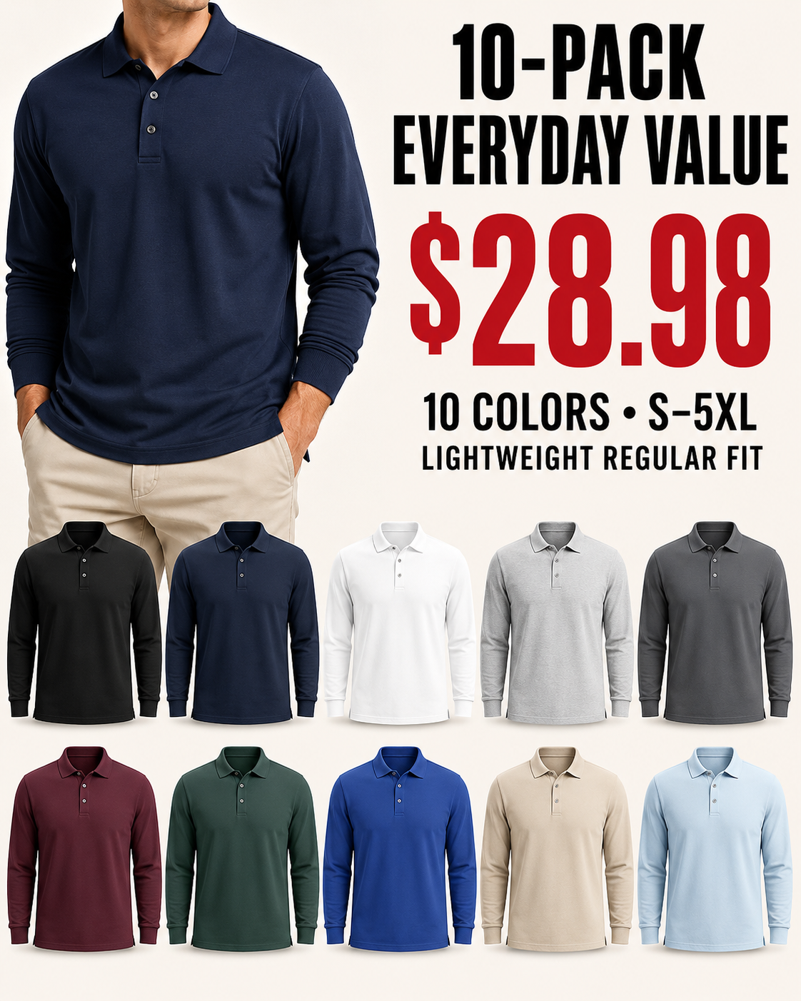 10-Pack long-sleeve polo everyday value and regular-fit overview