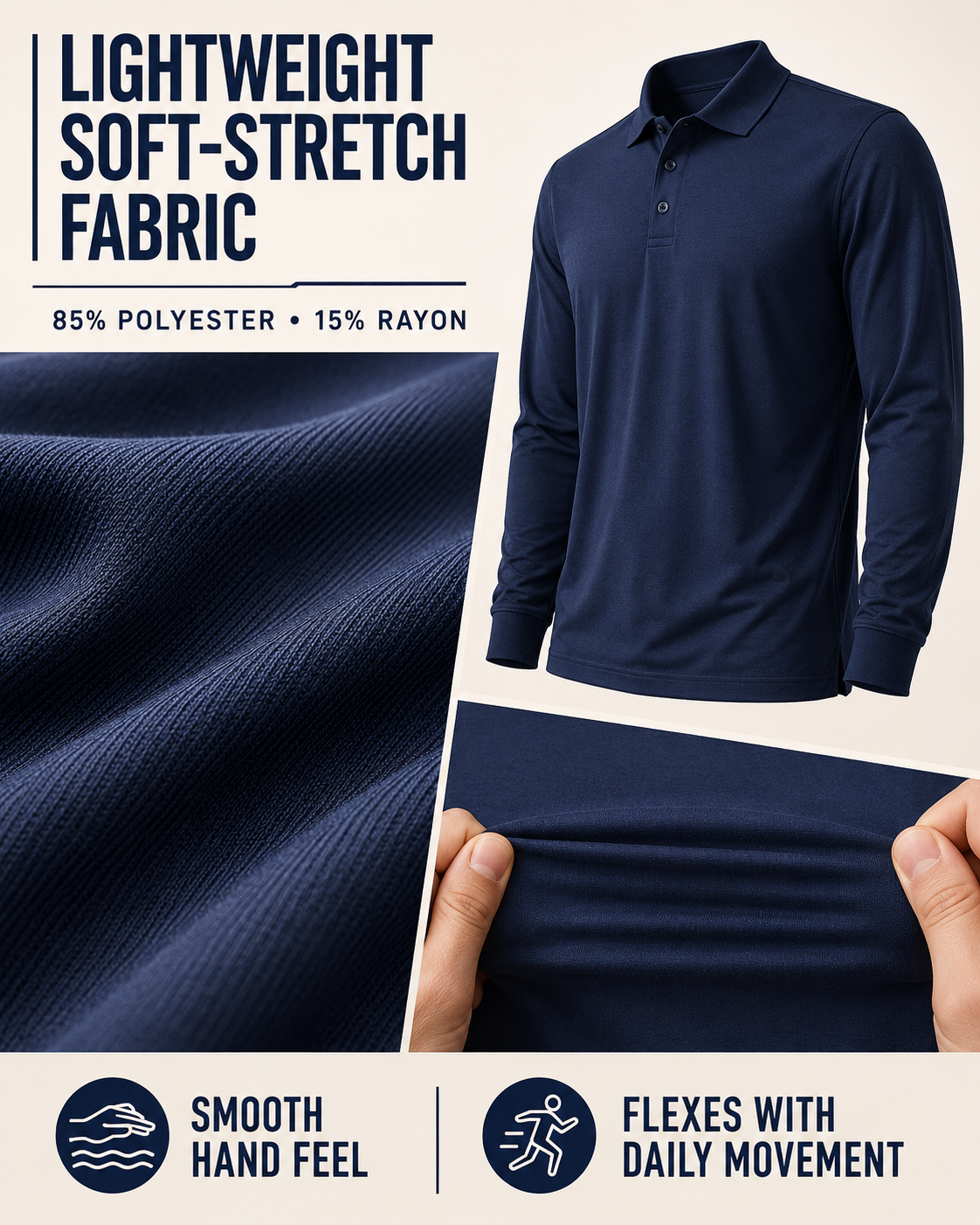 Lightweight soft-stretch 85 percent polyester 15 percent rayon polo fabric