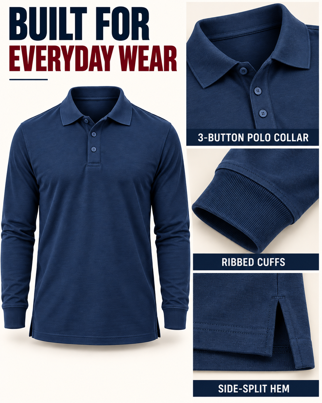 Three-button collar ribbed cuffs and side-split polo construction
