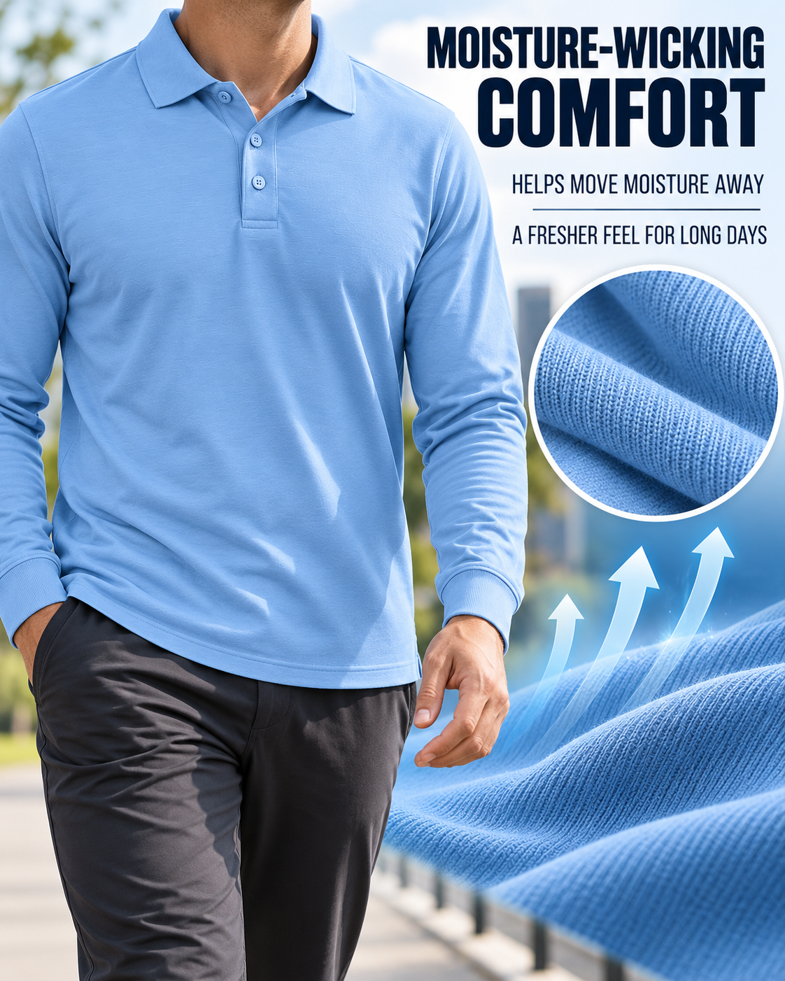 Moisture-wicking long-sleeve polo comfort for changing plans