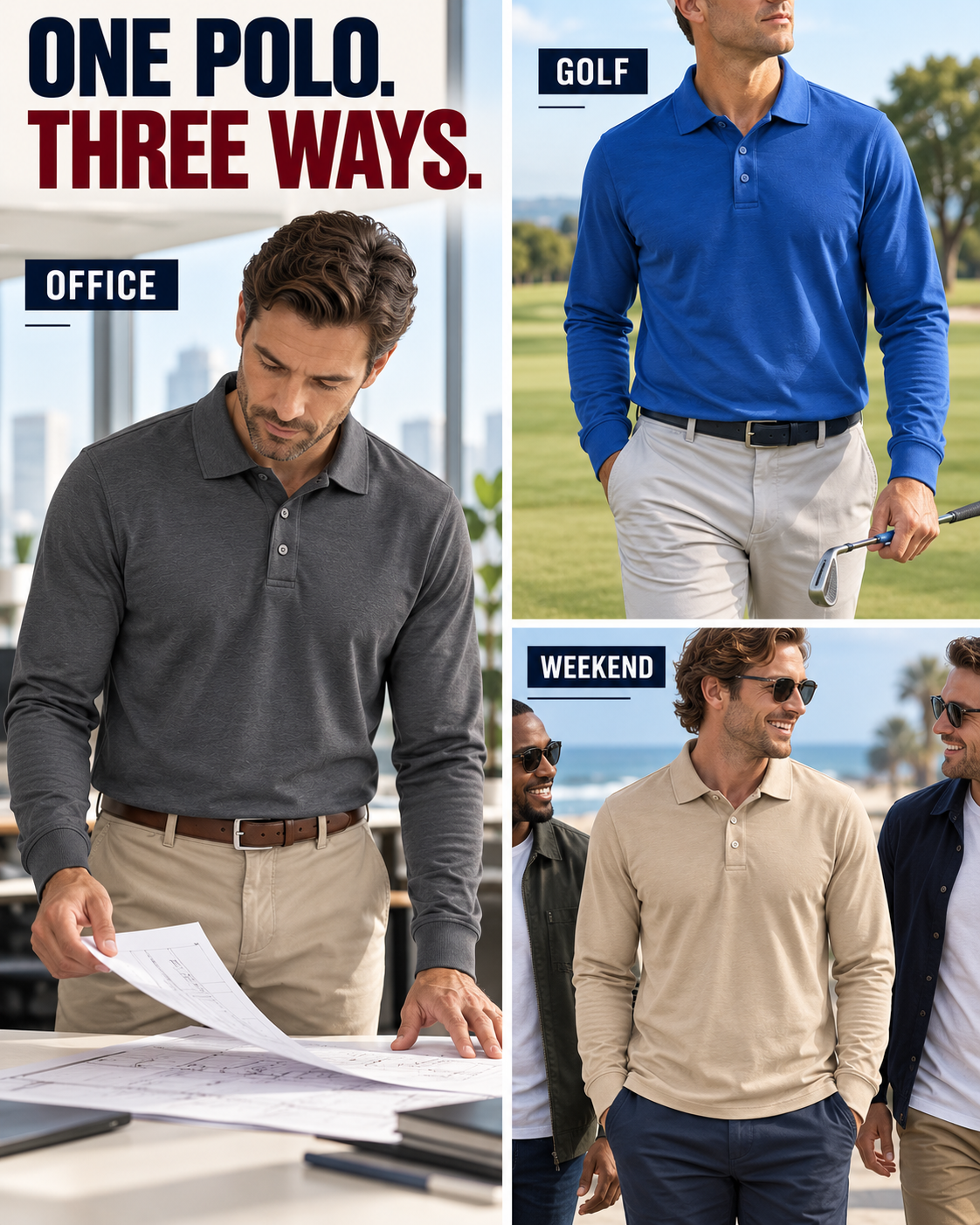 Long-sleeve polos styled for office golf and weekend wear