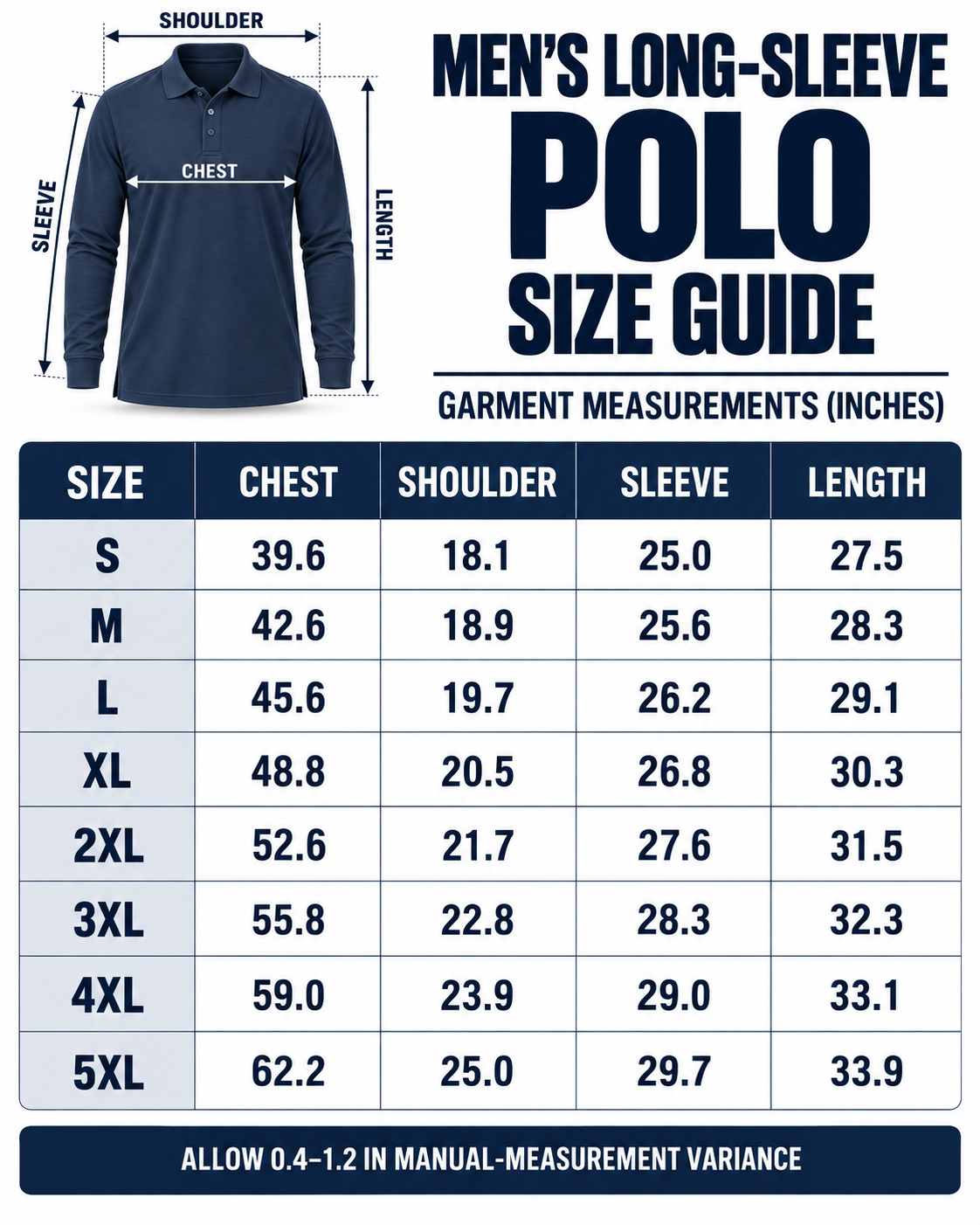 Long-sleeve polo garment size guide S through 5XL