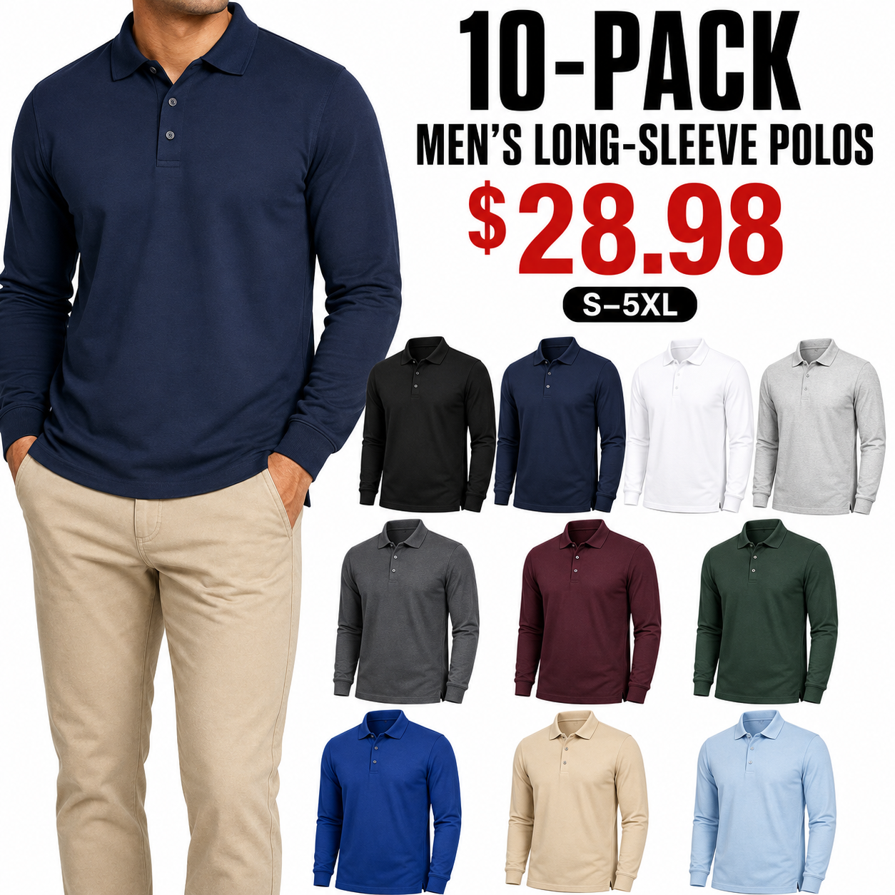 10-Pack All Colors lightweight long-sleeve polo shirts, Only $28.98