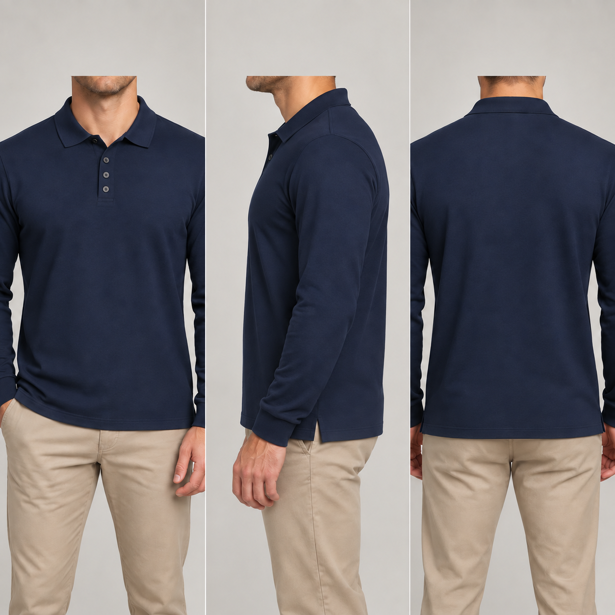 Navy long-sleeve polo front side and back fit views