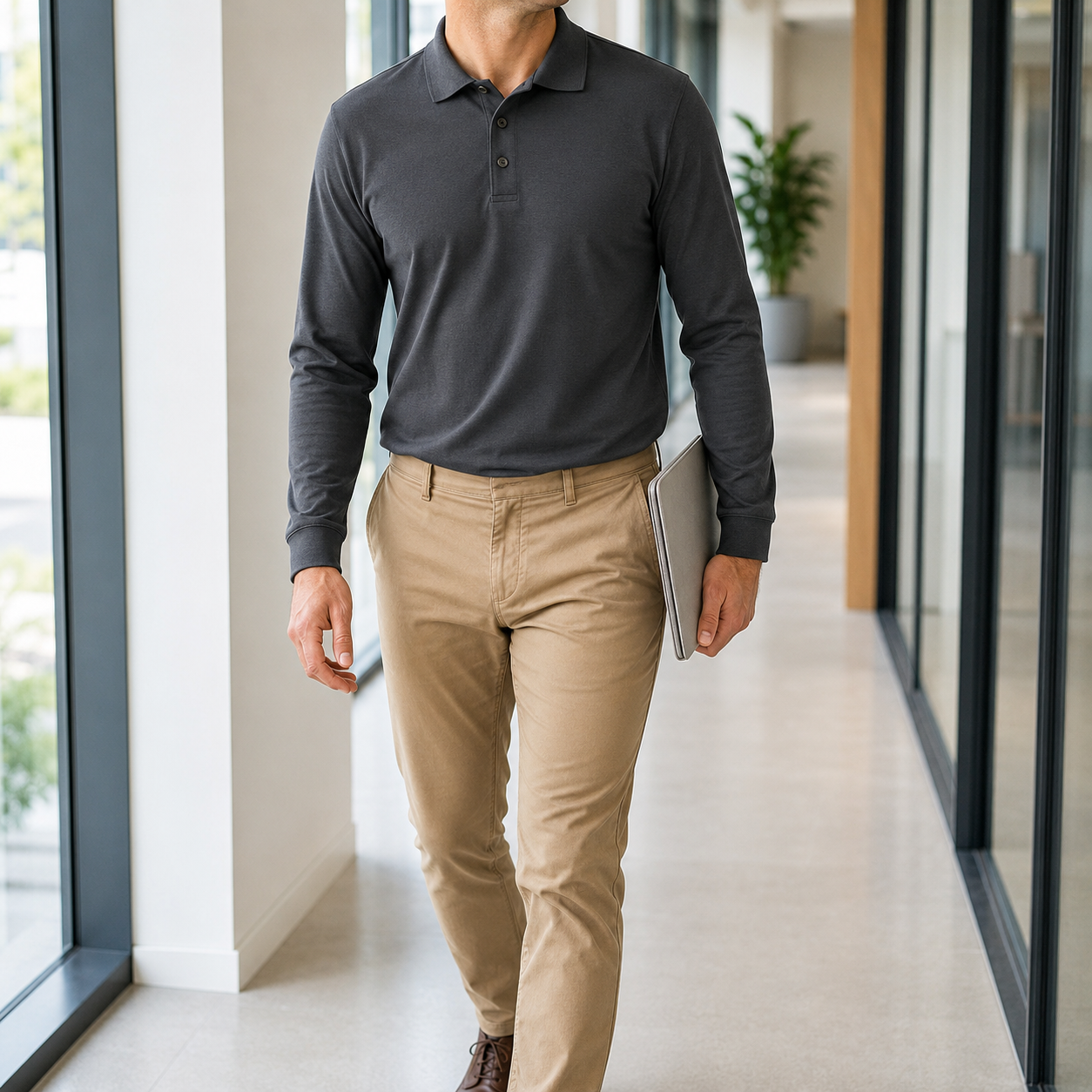 Deep grey long-sleeve polo worn for an office commute