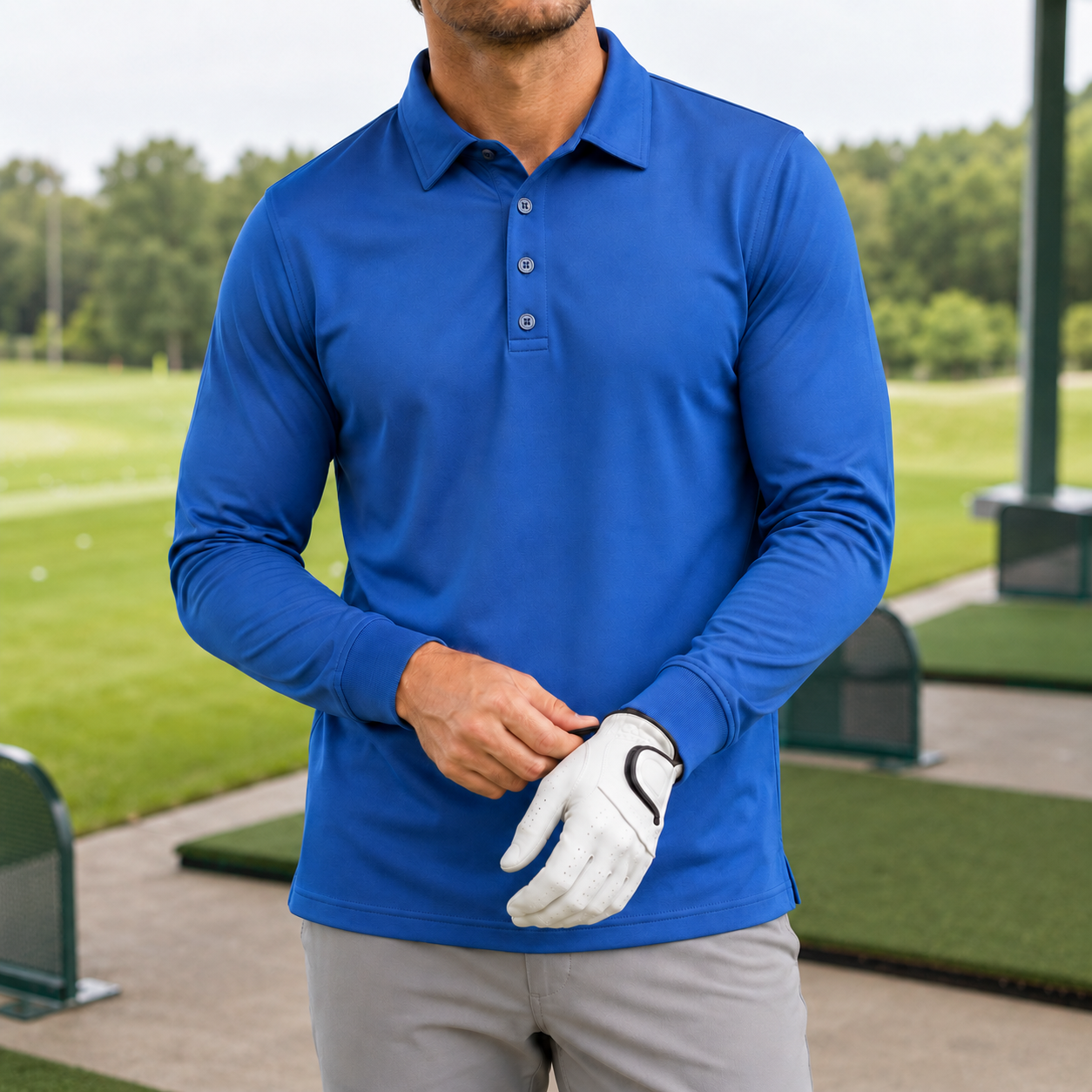 Royal blue long-sleeve polo worn at golf practice