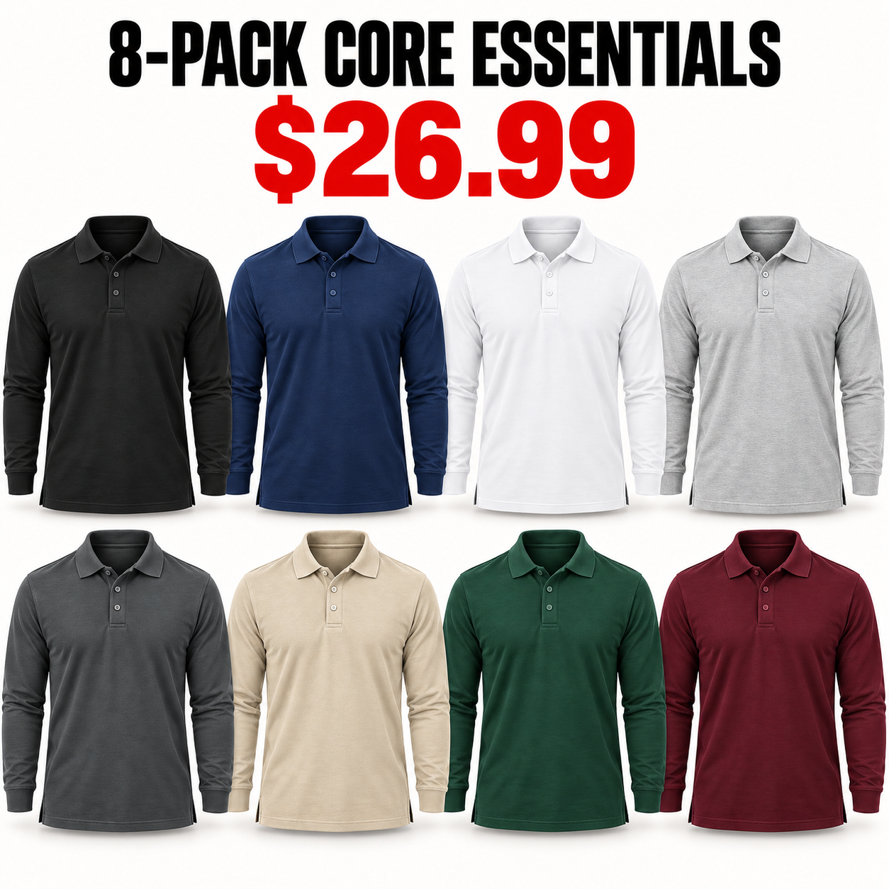 8-Pack Core Essentials long-sleeve polo assortment, Only $26.99