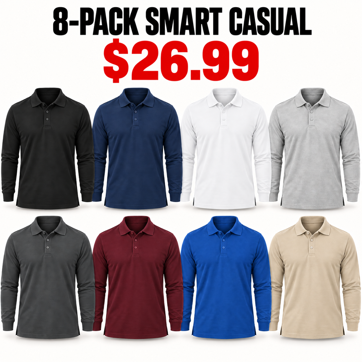 8-Pack Smart Casual long-sleeve polo assortment, Only $26.99