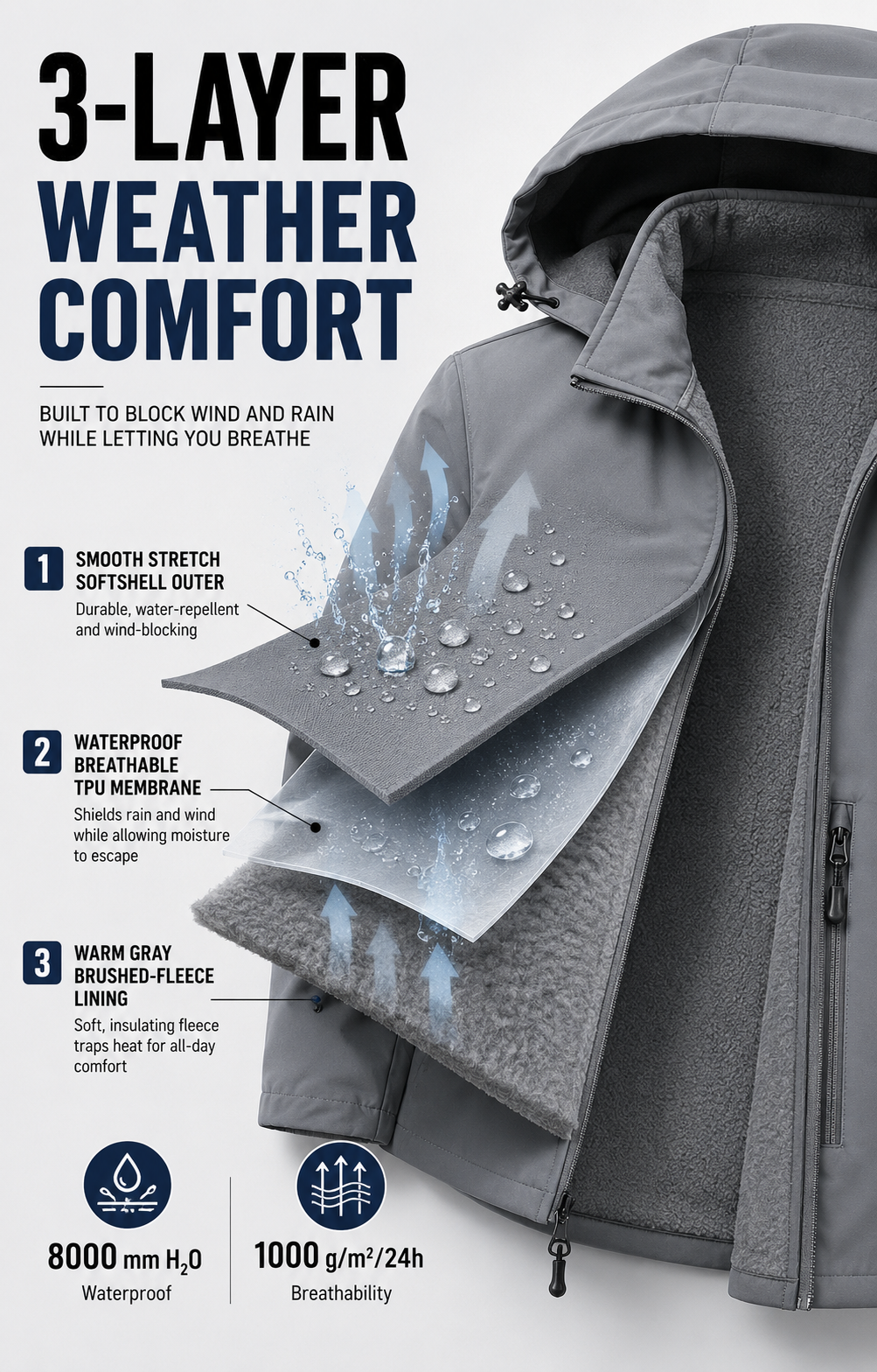 Three-layer softshell shell membrane and fleece construction