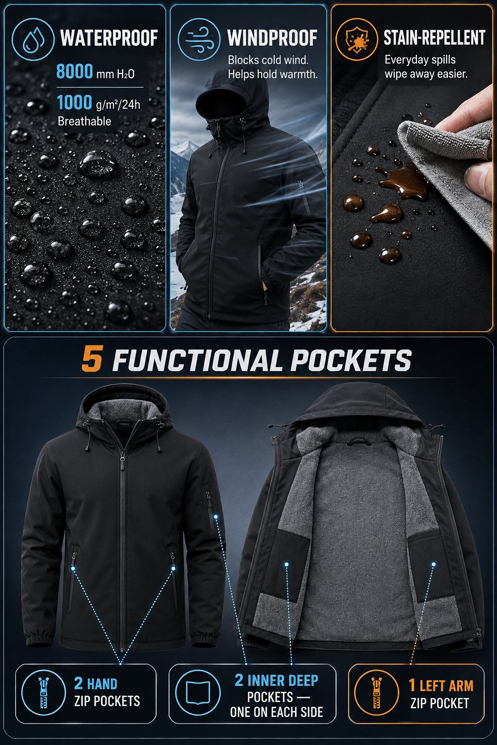 Waterproof windproof stain-repellent functions and exact five-pocket layout