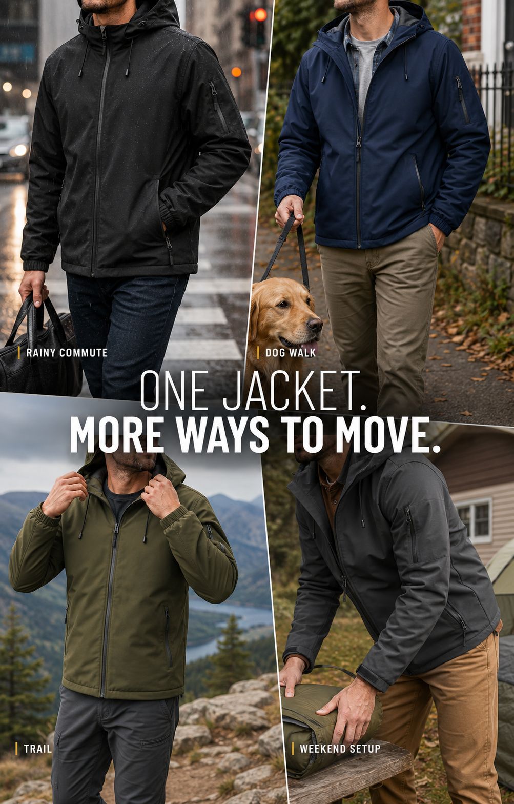 Four-scene magazine-style softshell jacket use collage