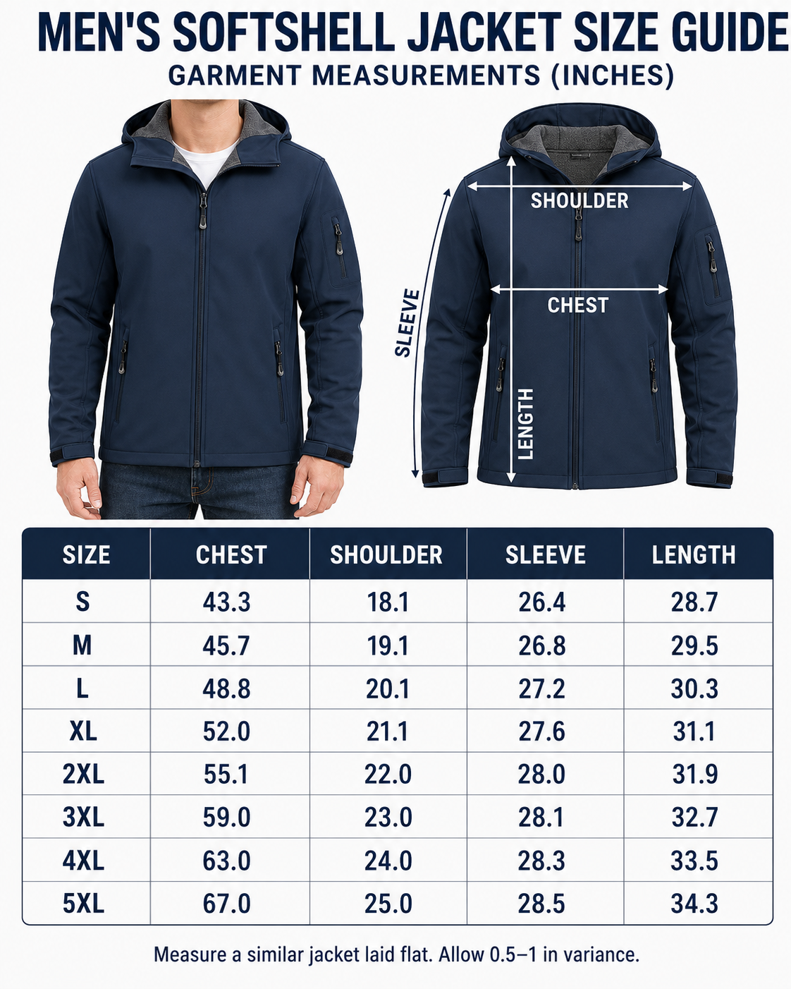 Men hooded softshell jacket garment size guide S through 5XL