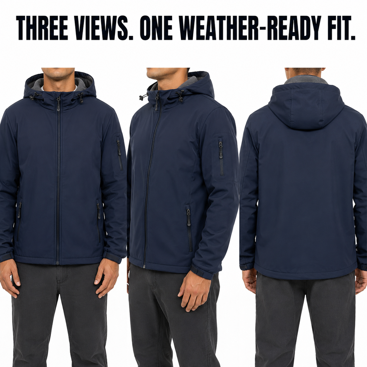 Navy hooded softshell jacket front side and back fit views
