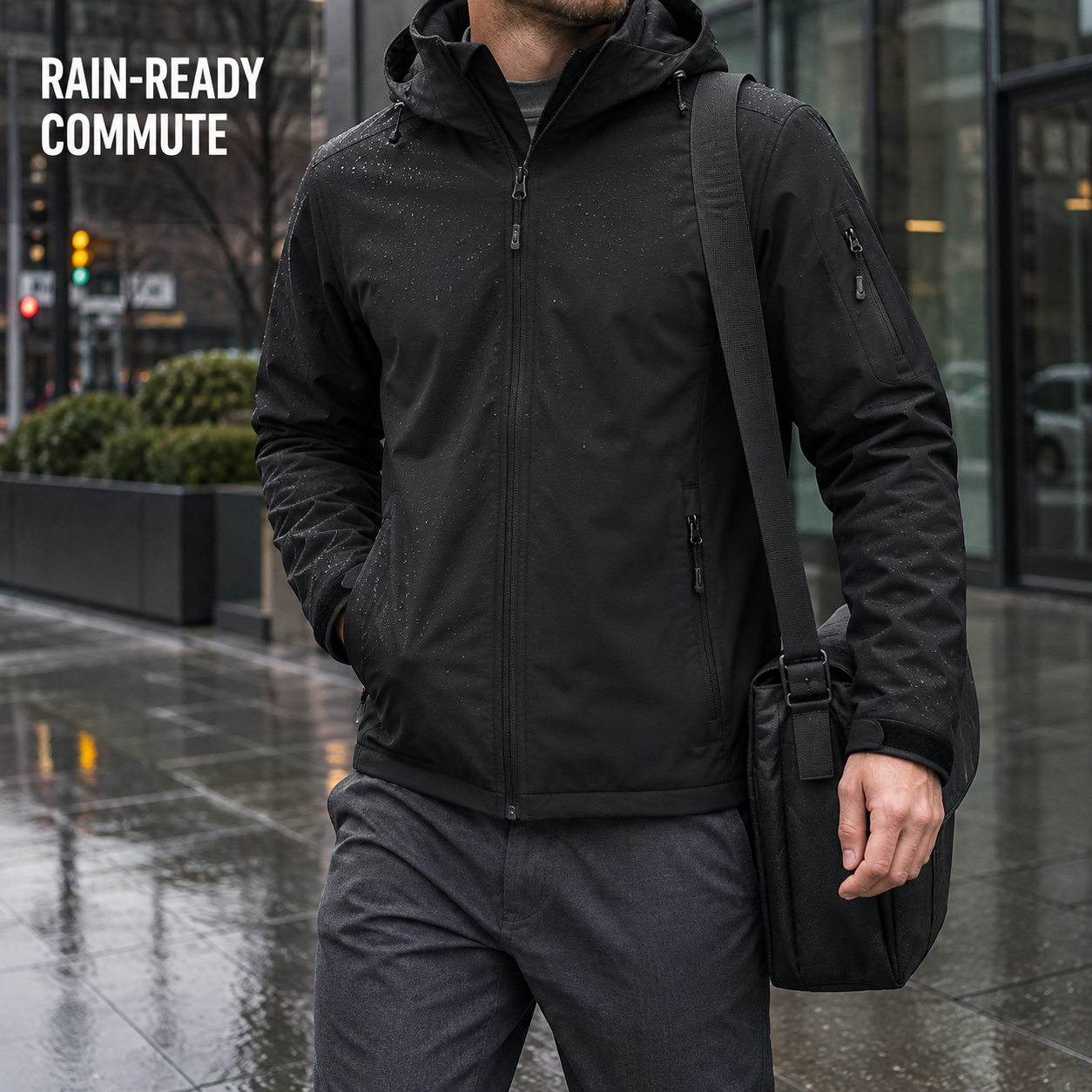 Black hooded softshell jacket worn for a rainy commute