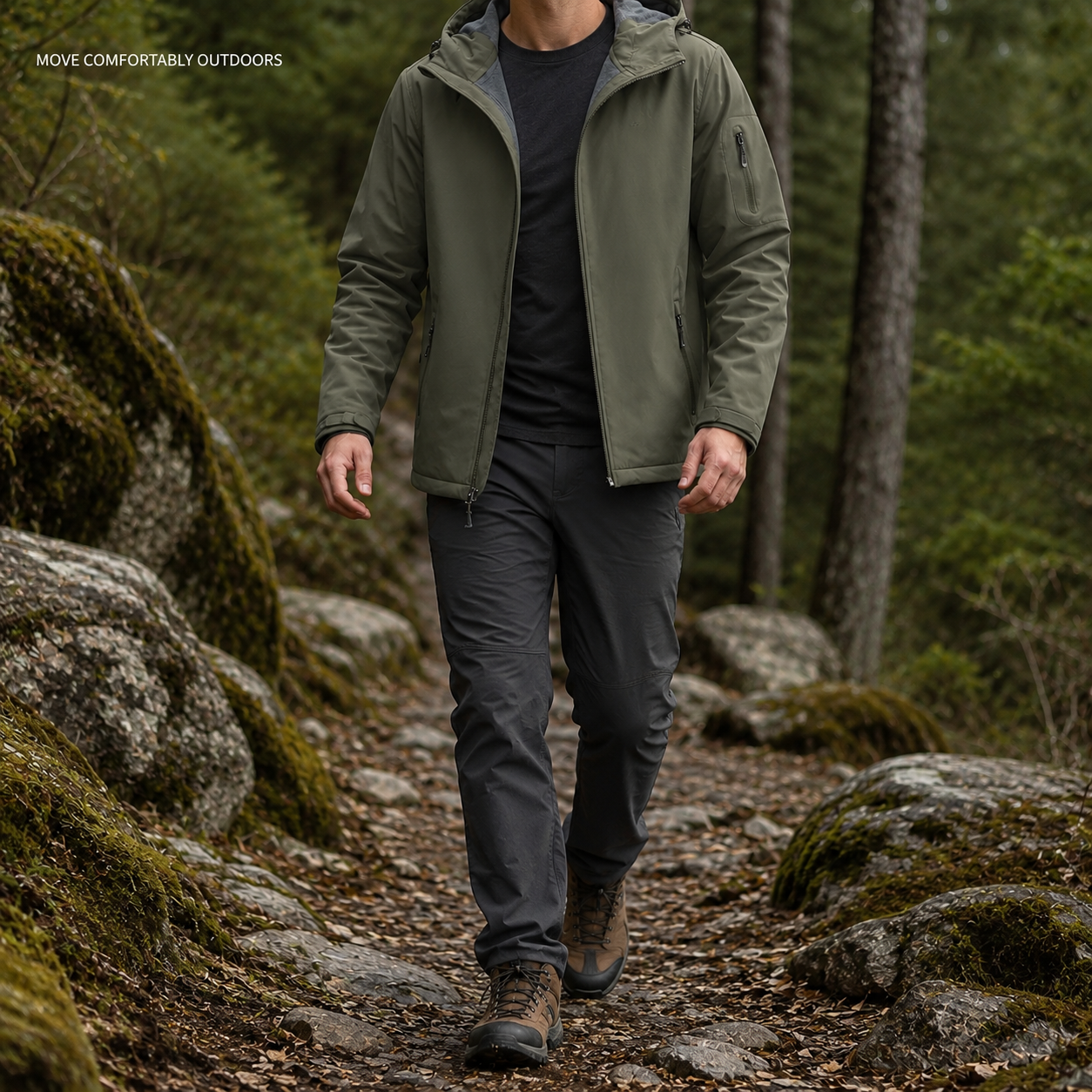 Olive hooded softshell jacket worn for trail movement