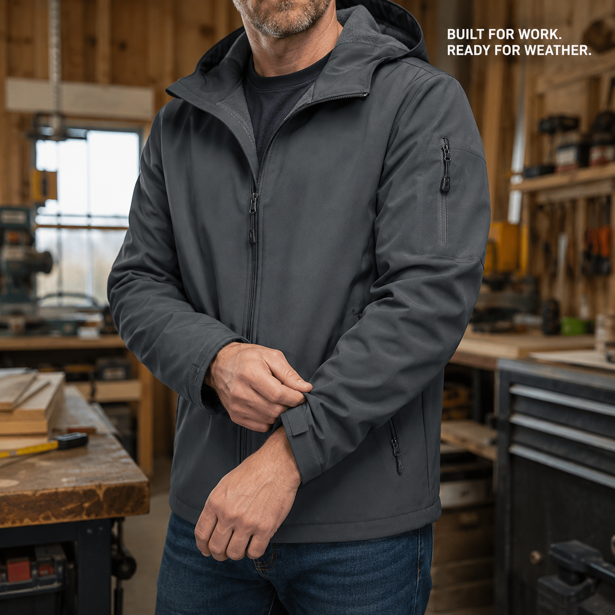 Dark gray hooded softshell jacket worn for a workshop task
