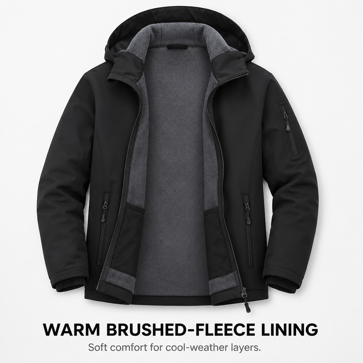 Brushed fleece lining close-up on hooded softshell jacket