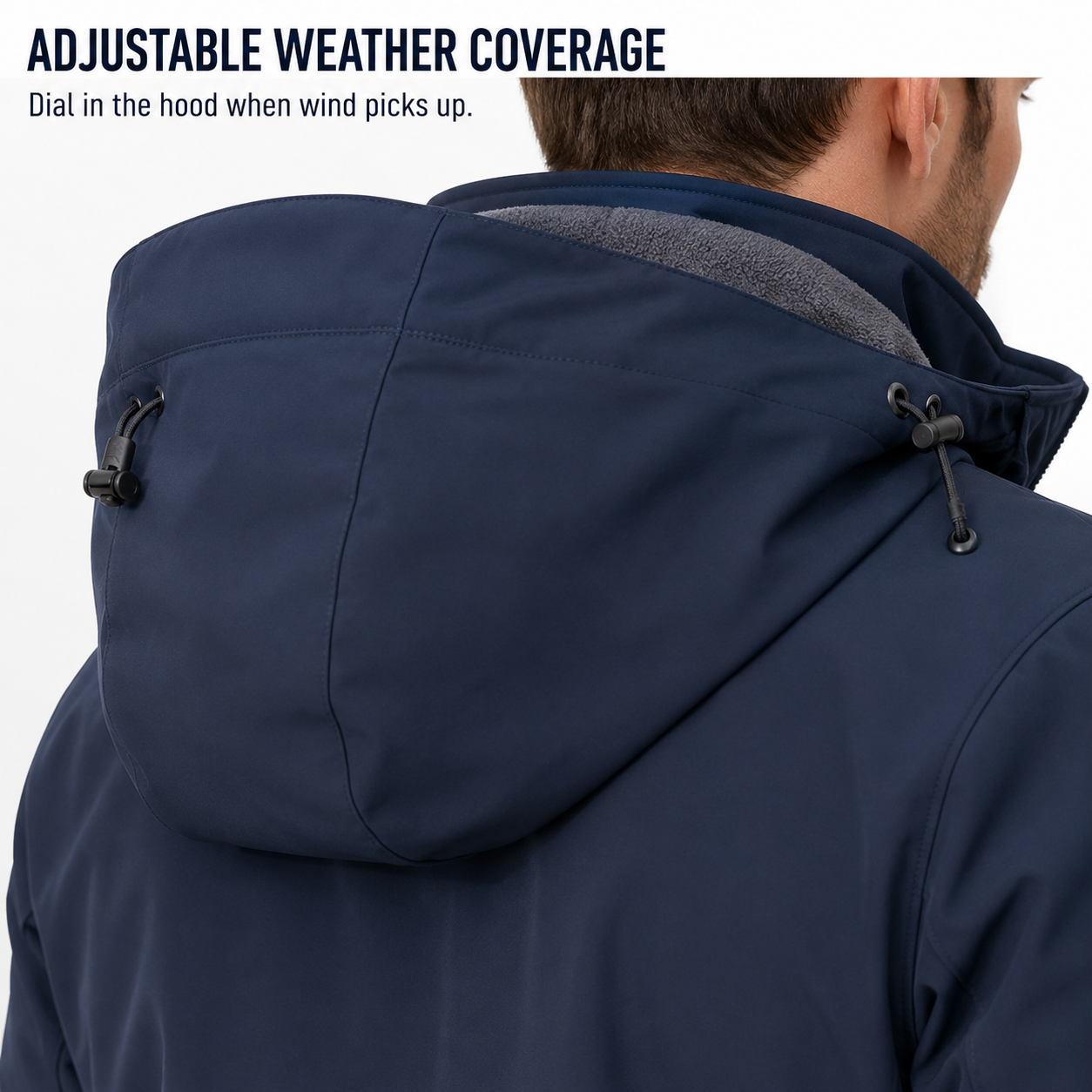 Adjustable hood drawcord construction detail