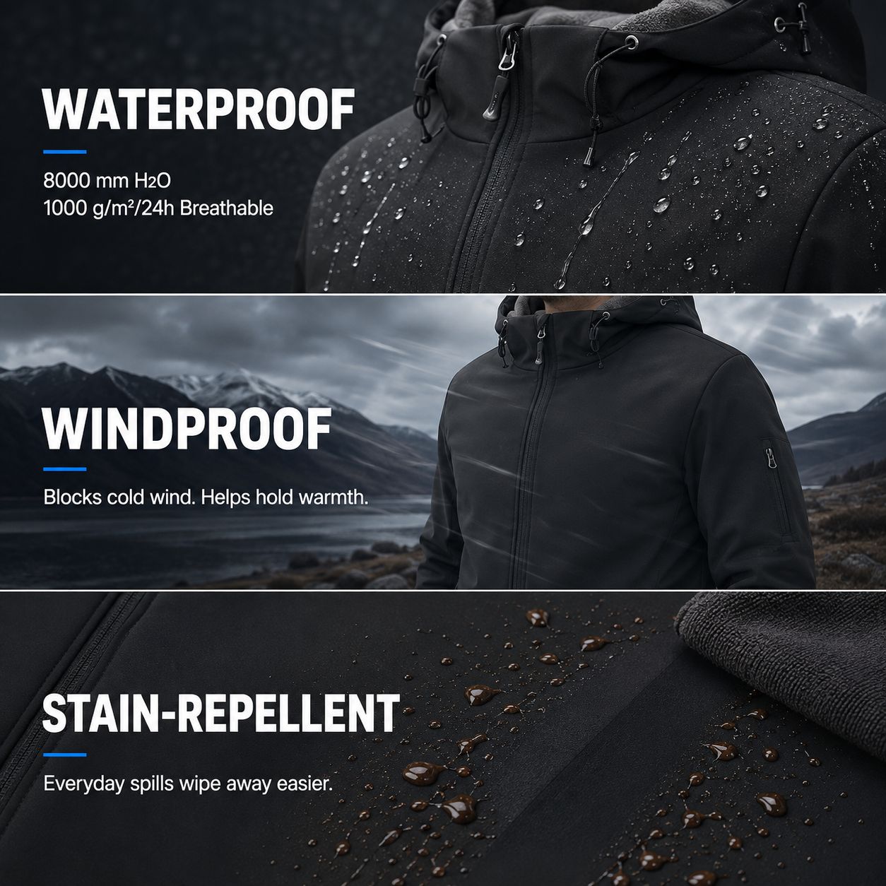 Waterproof windproof and stain-repellent softshell functions