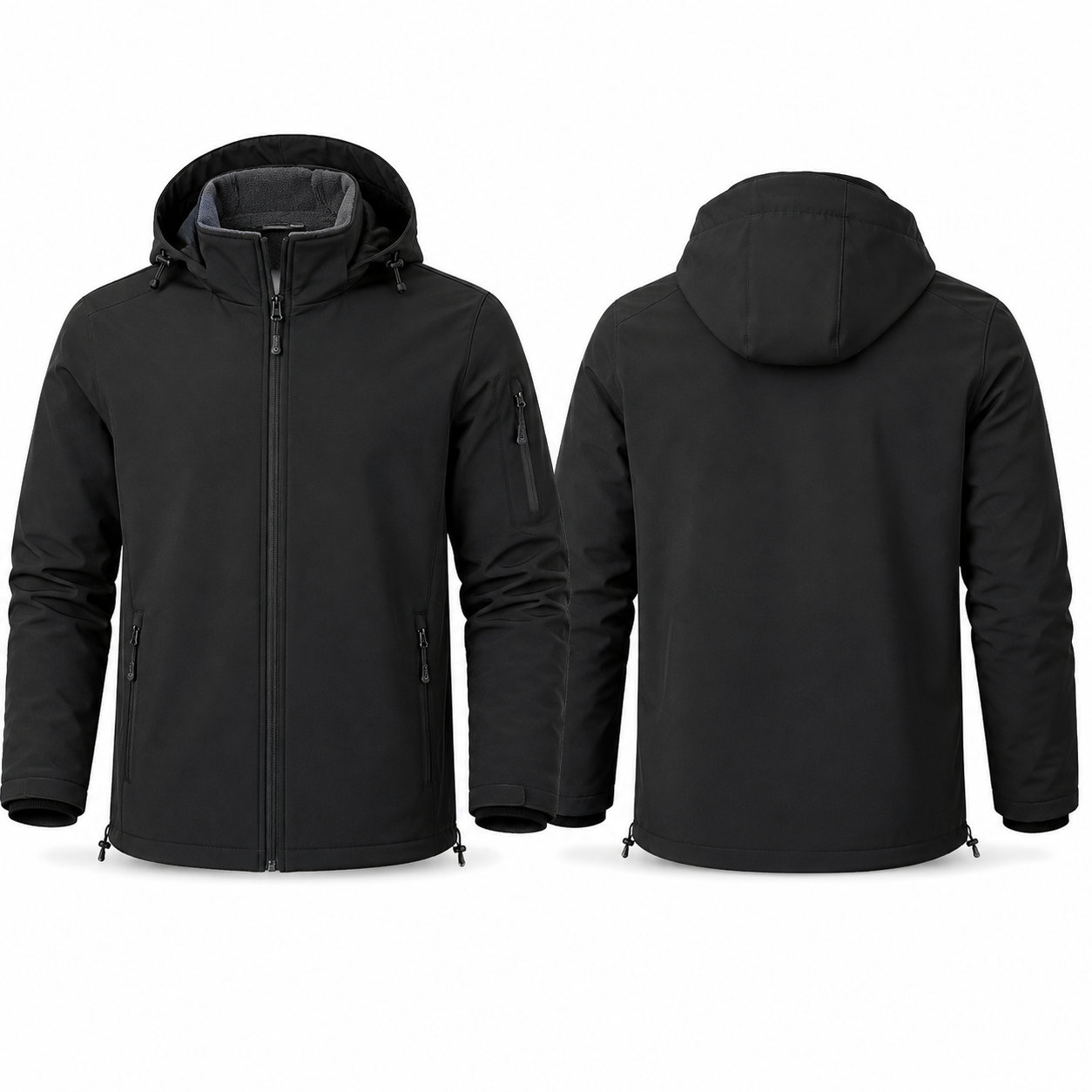 Black fleece-lined hooded softshell jacket front and back
