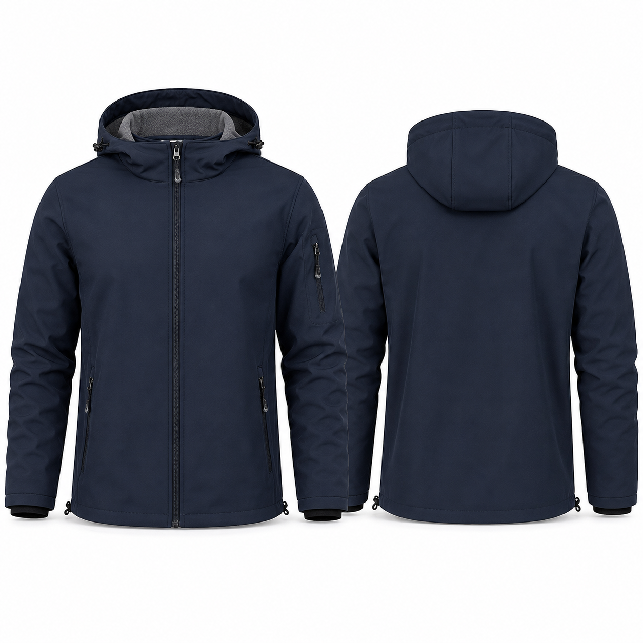 Navy fleece-lined hooded softshell jacket front and back