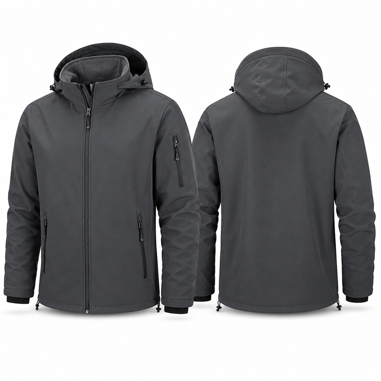 Dark gray fleece-lined hooded softshell jacket front and back