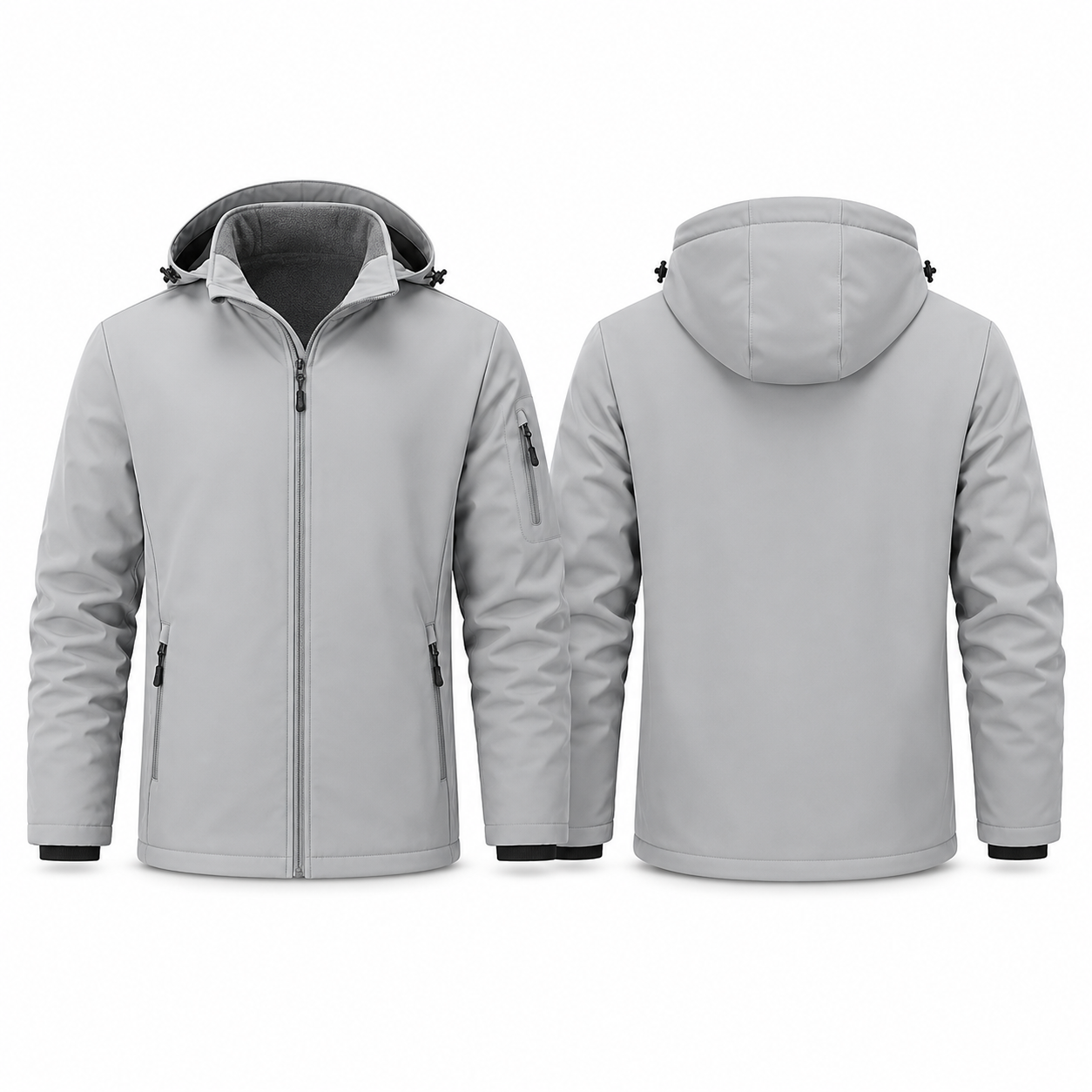 Light gray fleece-lined hooded softshell jacket front and back