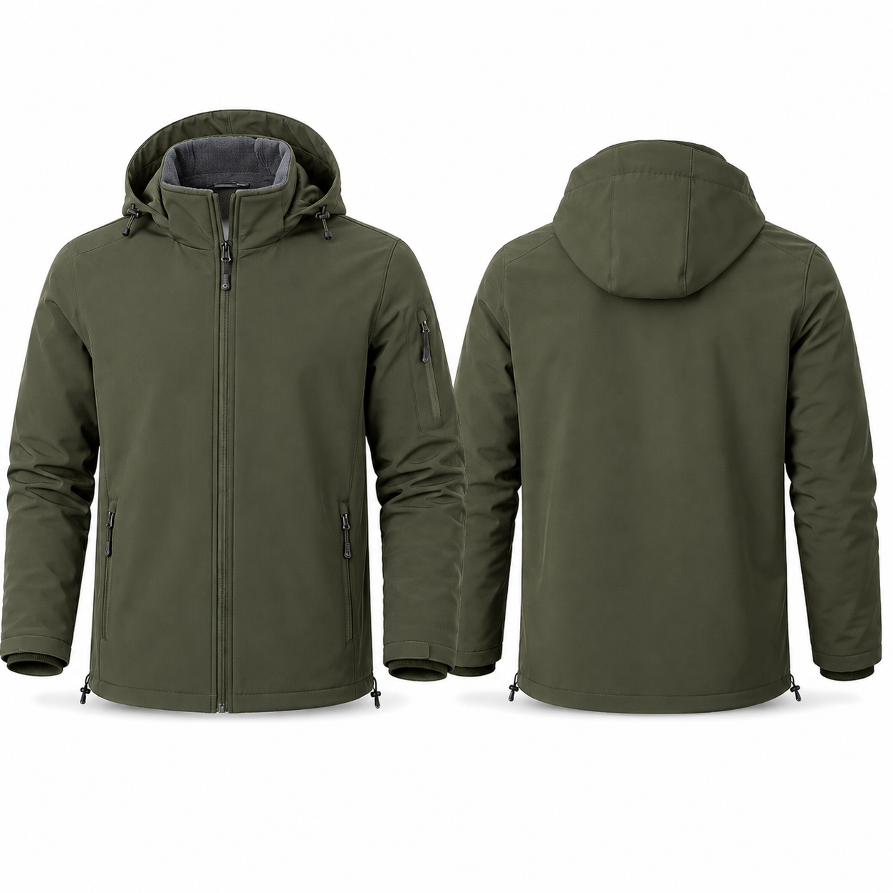 Olive fleece-lined hooded softshell jacket front and back