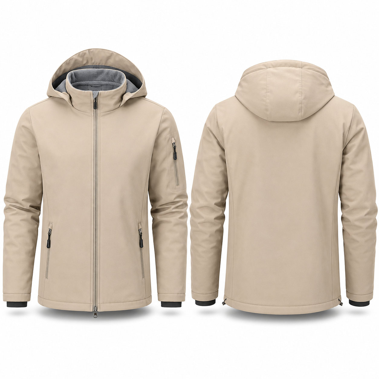 Beige fleece-lined hooded softshell jacket front and back