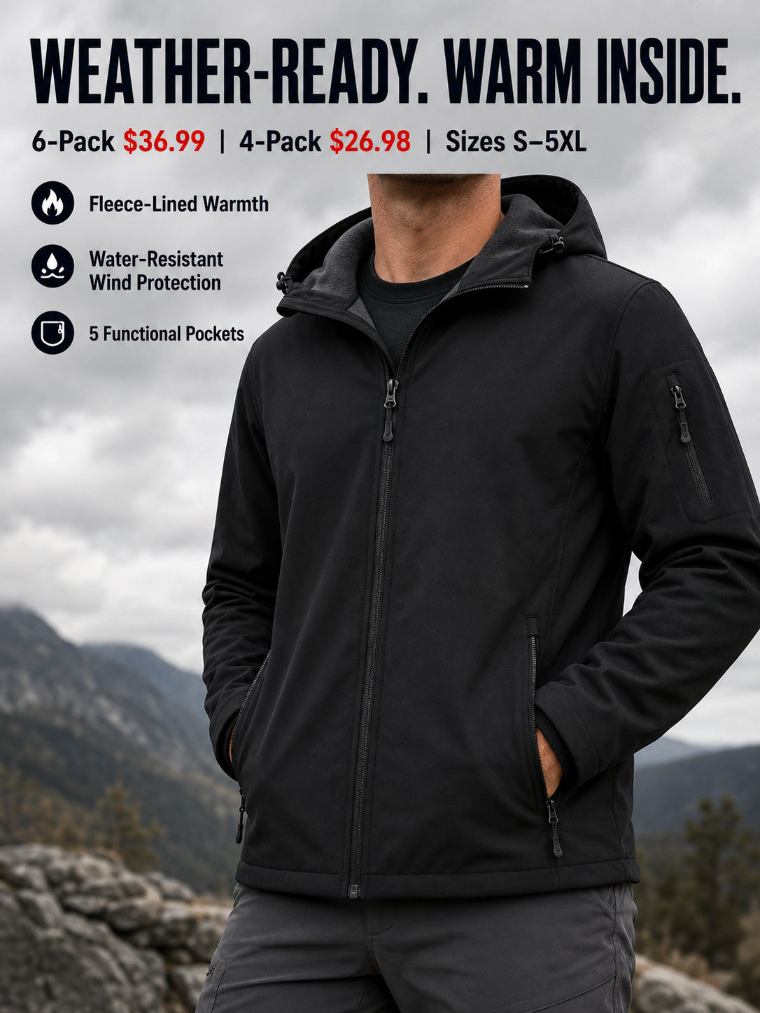 6-Pack and 4-Pack hooded fleece-lined softshell jacket value and features