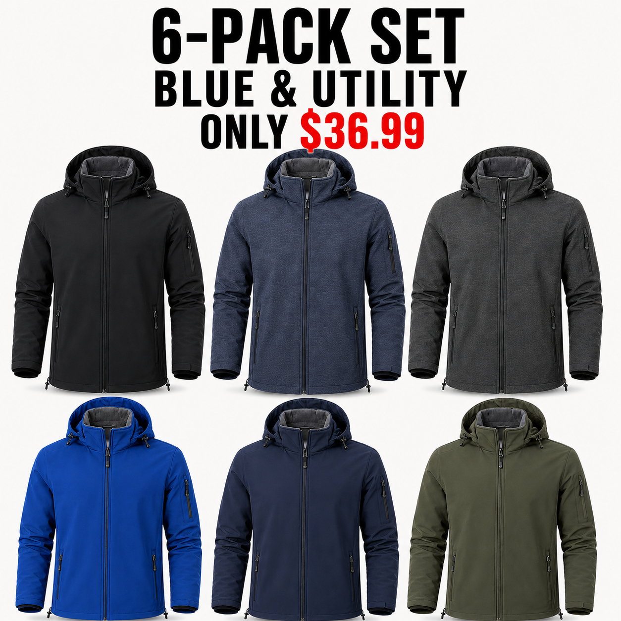 6-Pack Blue and Utility hooded fleece-lined softshell jackets, Only $36.99