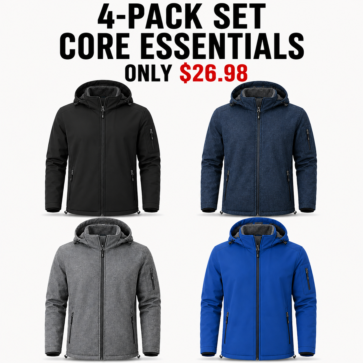 4-Pack Core Essentials hooded fleece-lined softshell jackets, Only $26.98