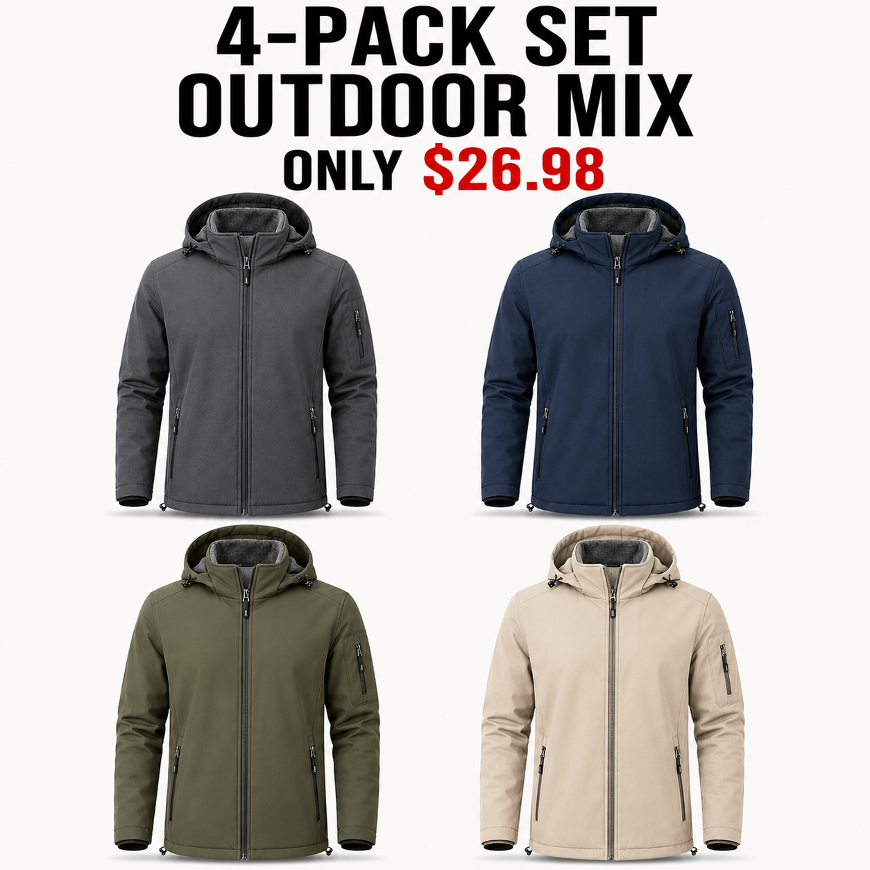 4-Pack Outdoor Mix hooded fleece-lined softshell jackets, Only $26.98