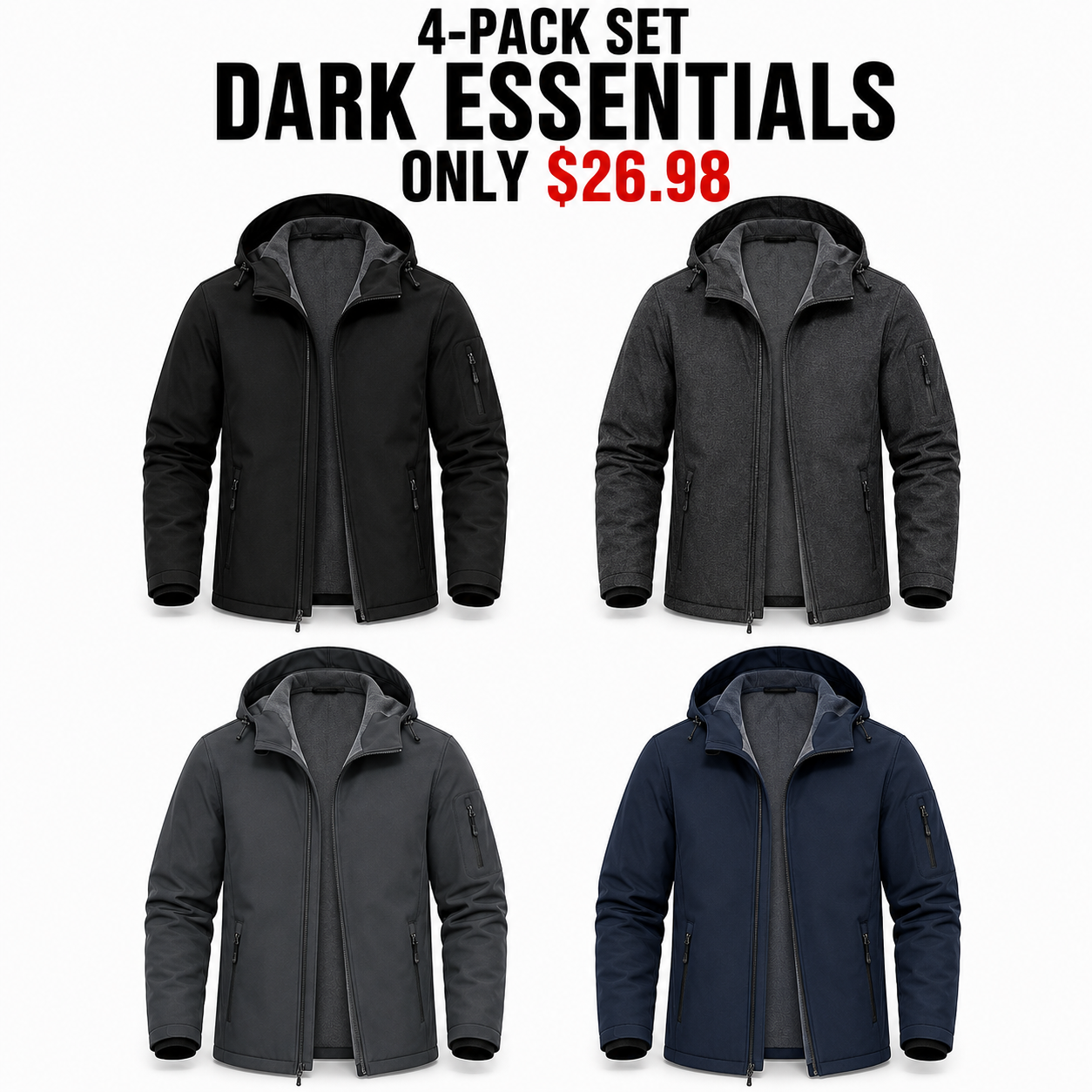 4-Pack Dark Essentials hooded fleece-lined softshell jackets, Only $26.98