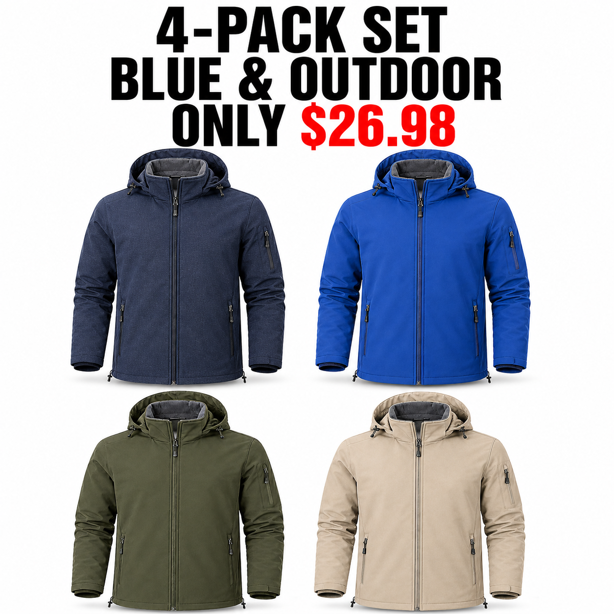 4-Pack Blue and Outdoor hooded fleece-lined softshell jackets, Only $26.98