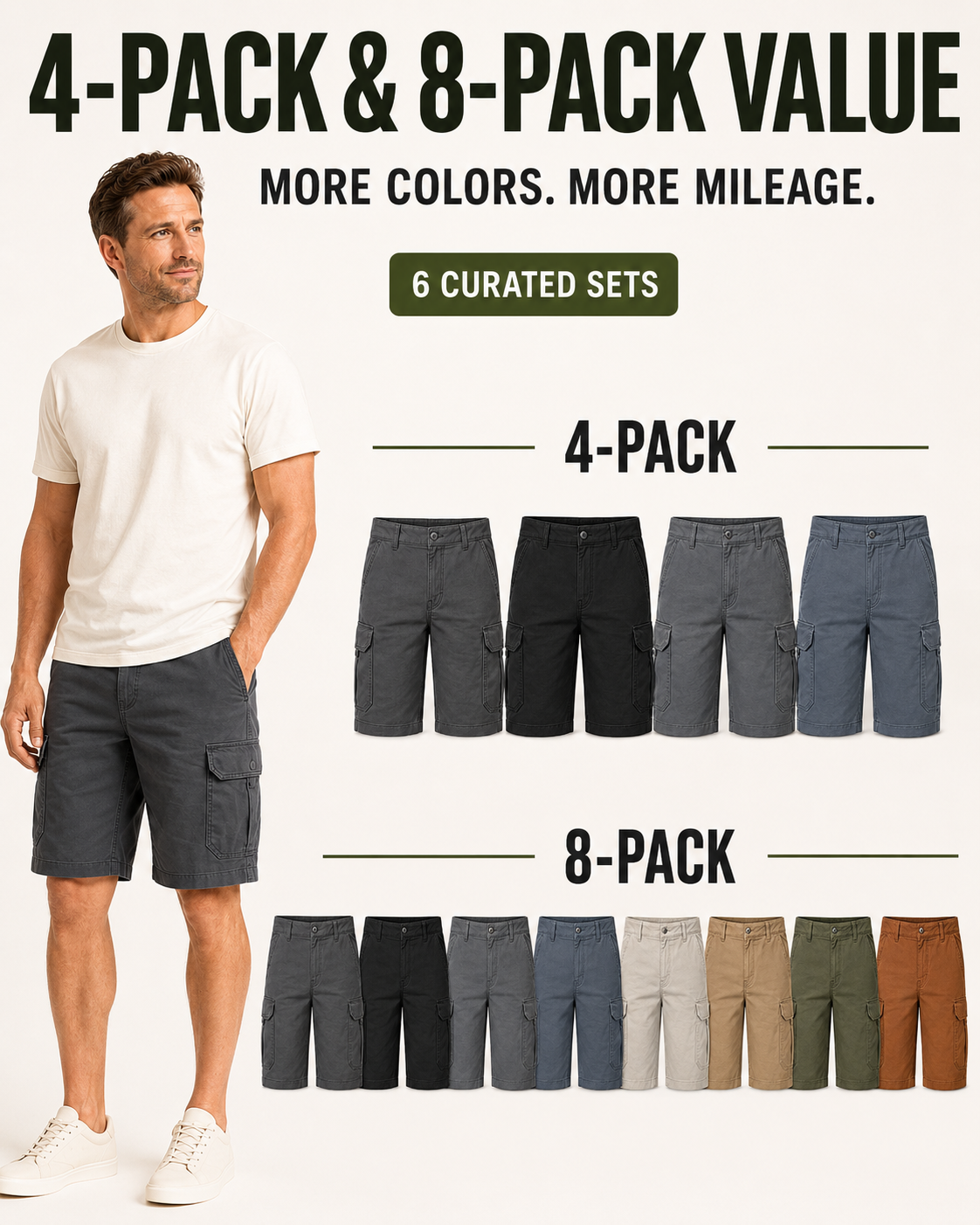 Men's cargo shorts 4-pack and 8-pack value overview