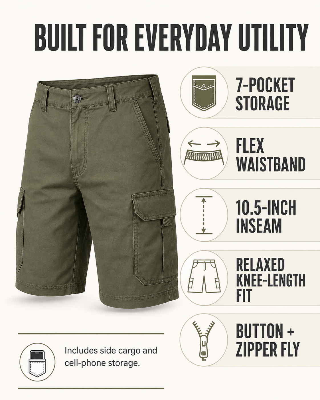 Men's 10.5-inch cargo shorts everyday utility features