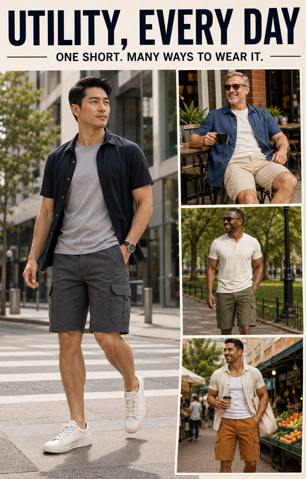 Men's cargo shorts multi-color editorial lifestyle collage