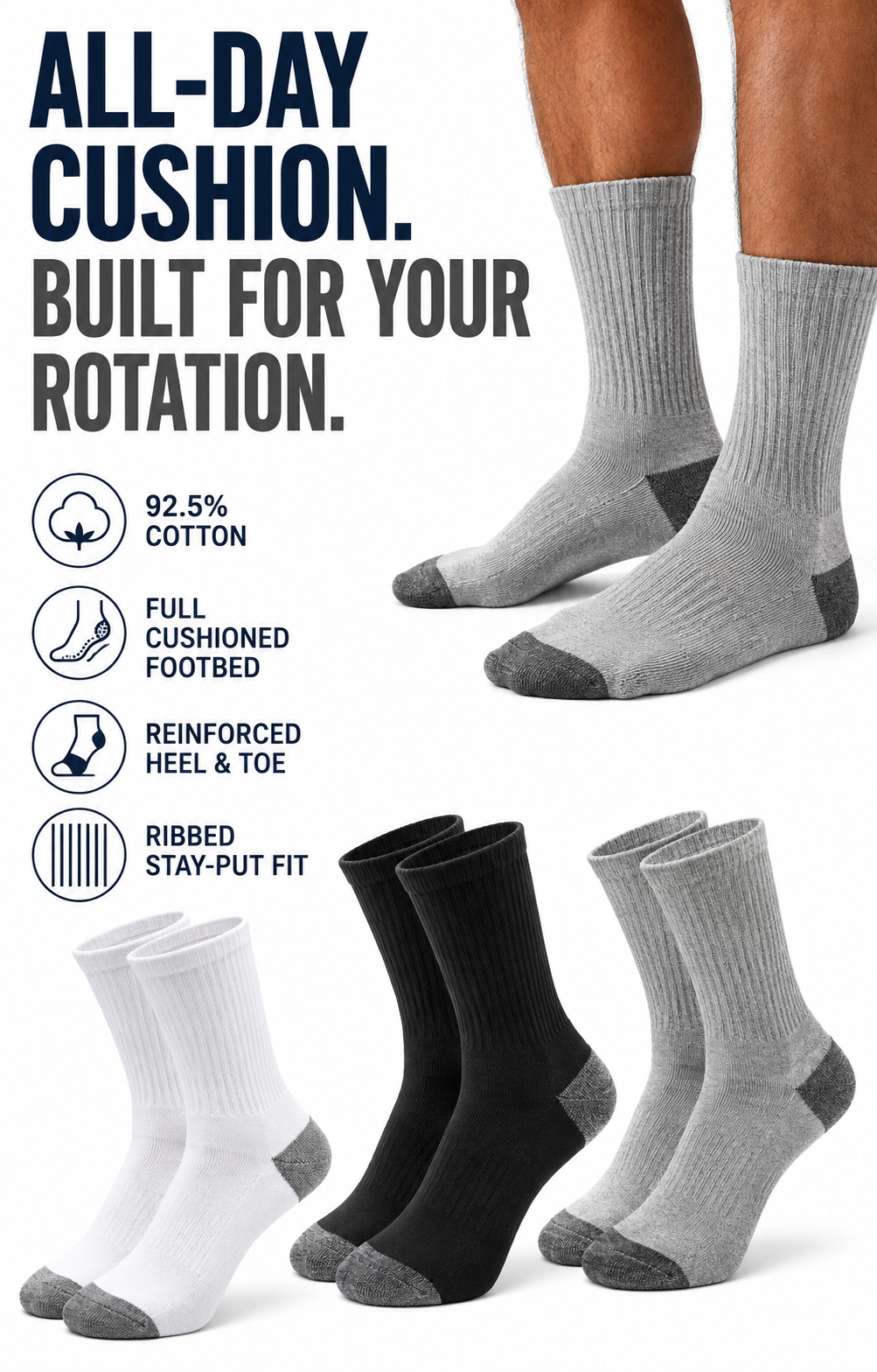 Cotton-rich cushioned crew sock multipack value overview